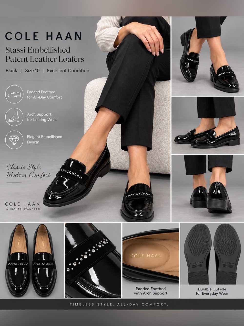 Cole Haan Stassi Embellished Patent Leather Loafers Black Size 10B